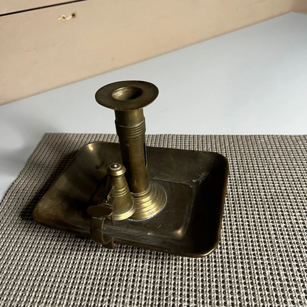 Vintage Brass Chamberstick Candle Holder with Snuffer‎ Rectangular Tray Handle